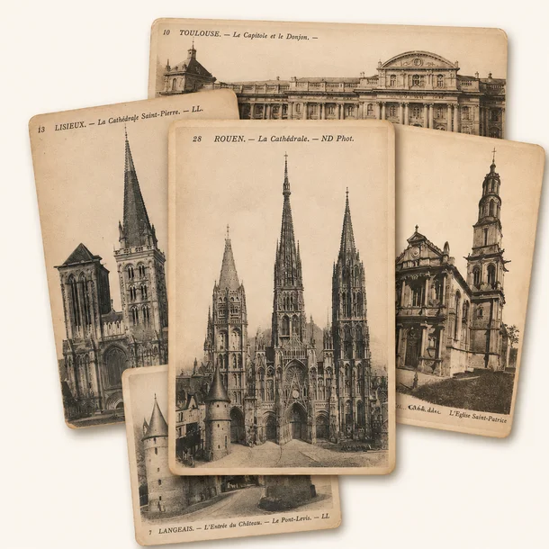 Vintage European postcard collection featuring Rouen Cathedral, Lisieux, Toulouse, Bayeux Saint-Patrice, and Langeais château